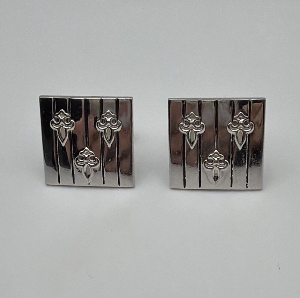 Vintage Swank Silver Tone Fleur De Lis Square Cufflinks Signed
